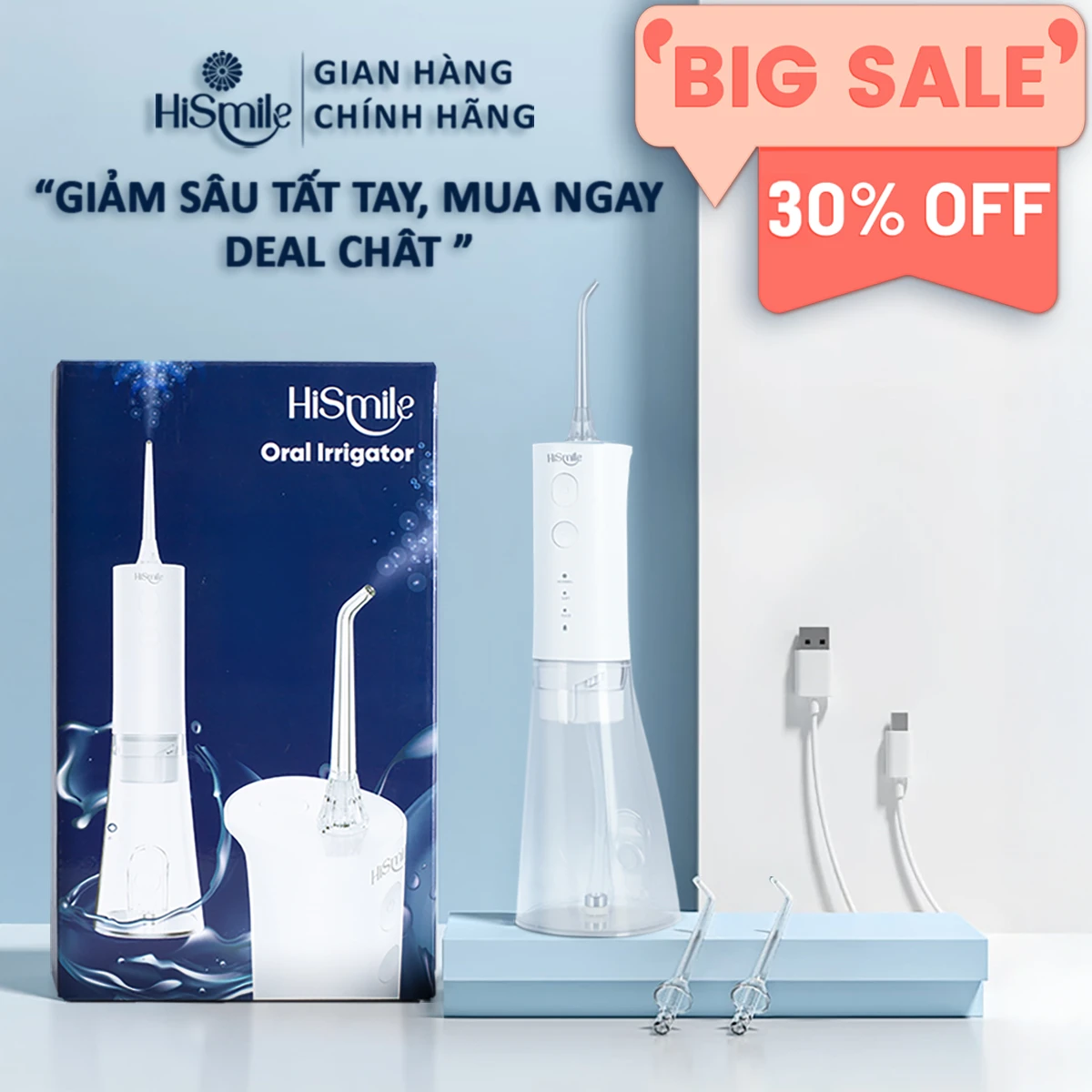 Máy tăm nước HiSmile C200 - Chuyên cho người niềng răng, 3 chế độ, bình 300ml, IPX7